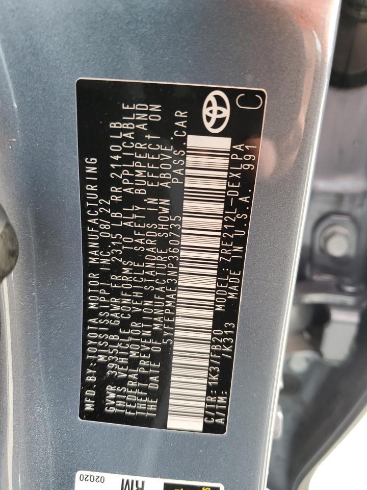 2022 TOYOTA COROLLA LE VIN:5YFEPMAE3NP360735