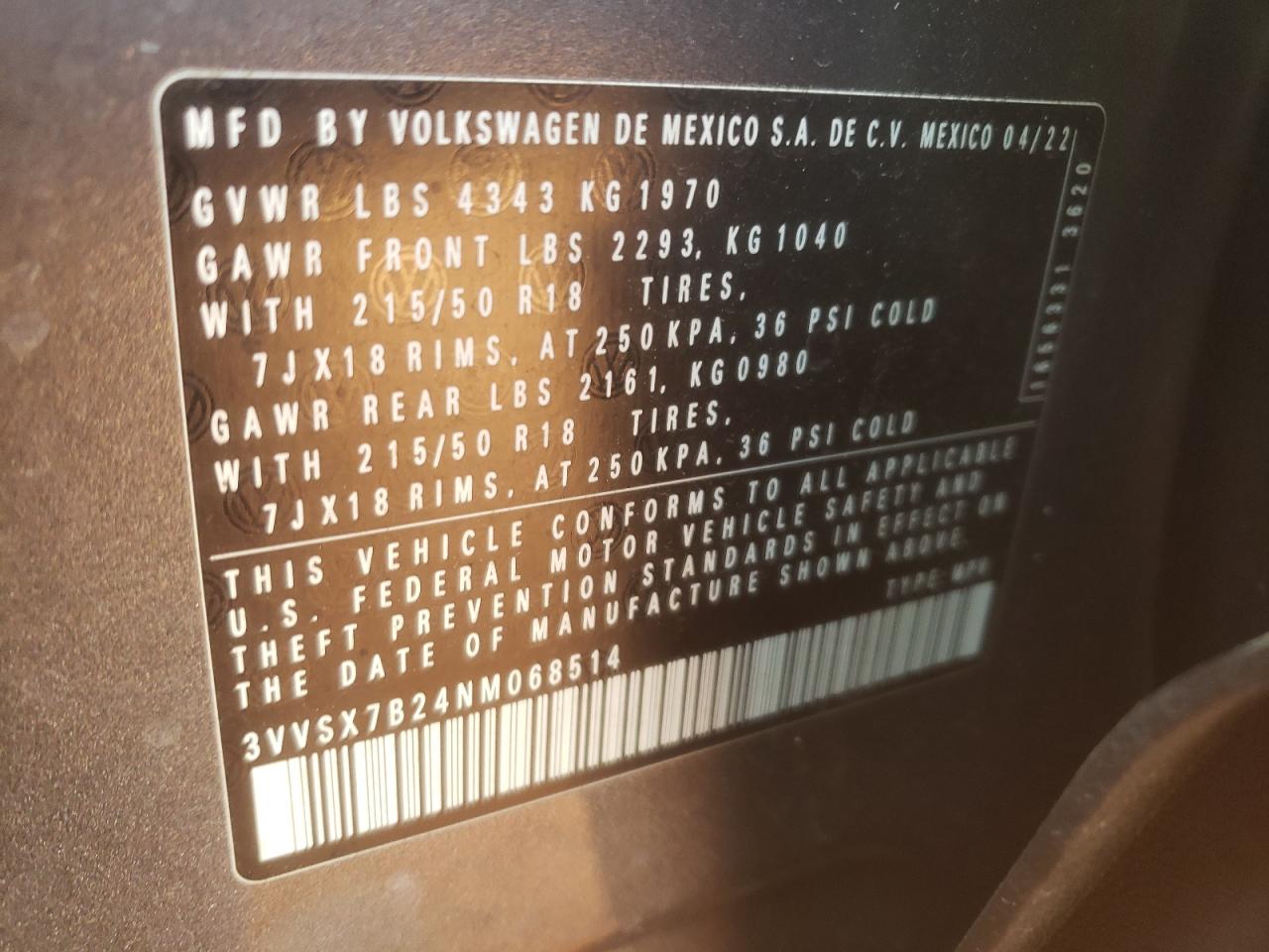2022 VOLKSWAGEN TAOS SE VIN:3VVSX7B24NM068514
