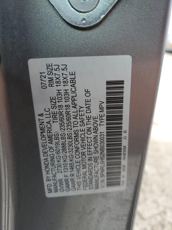 2022 HONDA ODYSSEY EX VIN:5FNRL6H52NB030031