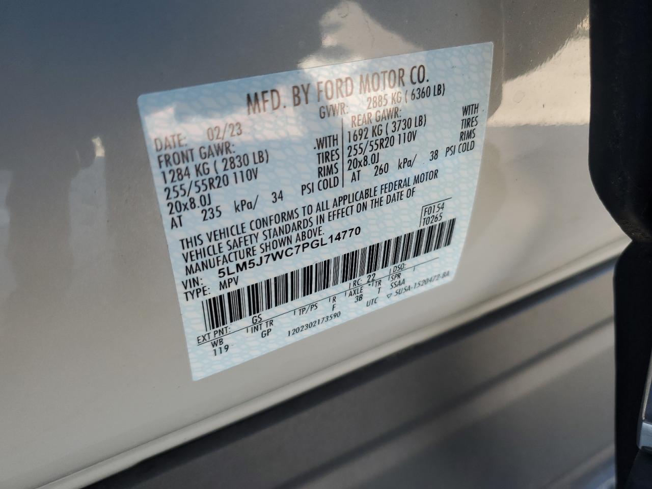2023 LINCOLN AVIATOR RESERVE VIN:5LM5J7WC7PGL14770