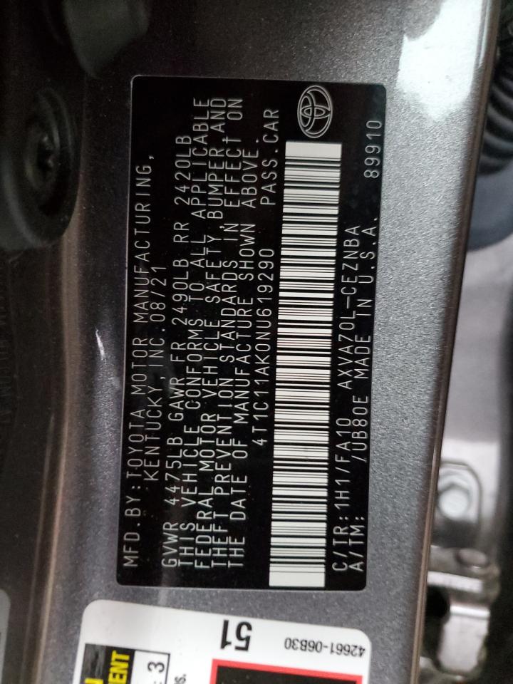 2022 TOYOTA CAMRY LE VIN:4T1C11AK0NU619290