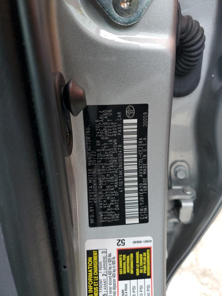 2022 TOYOTA CAMRY SE VIN:4T1G11AK3NU060478