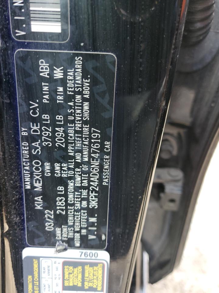 2022 KIA FORTE FE VIN:3KPF24AD6NE476197