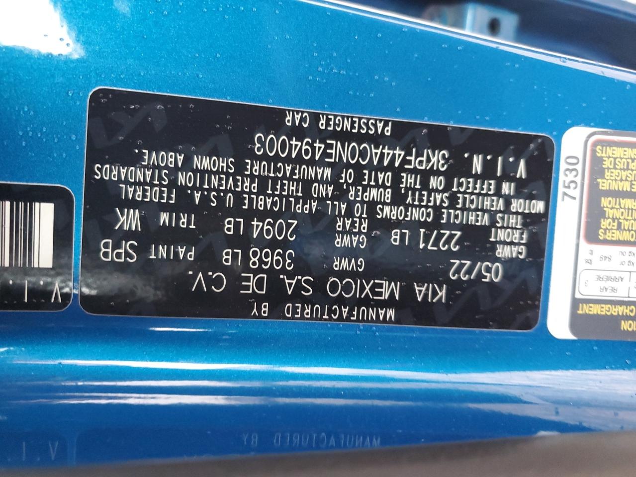 2022 KIA FORTE GT VIN:3KPF44AC0NE494003