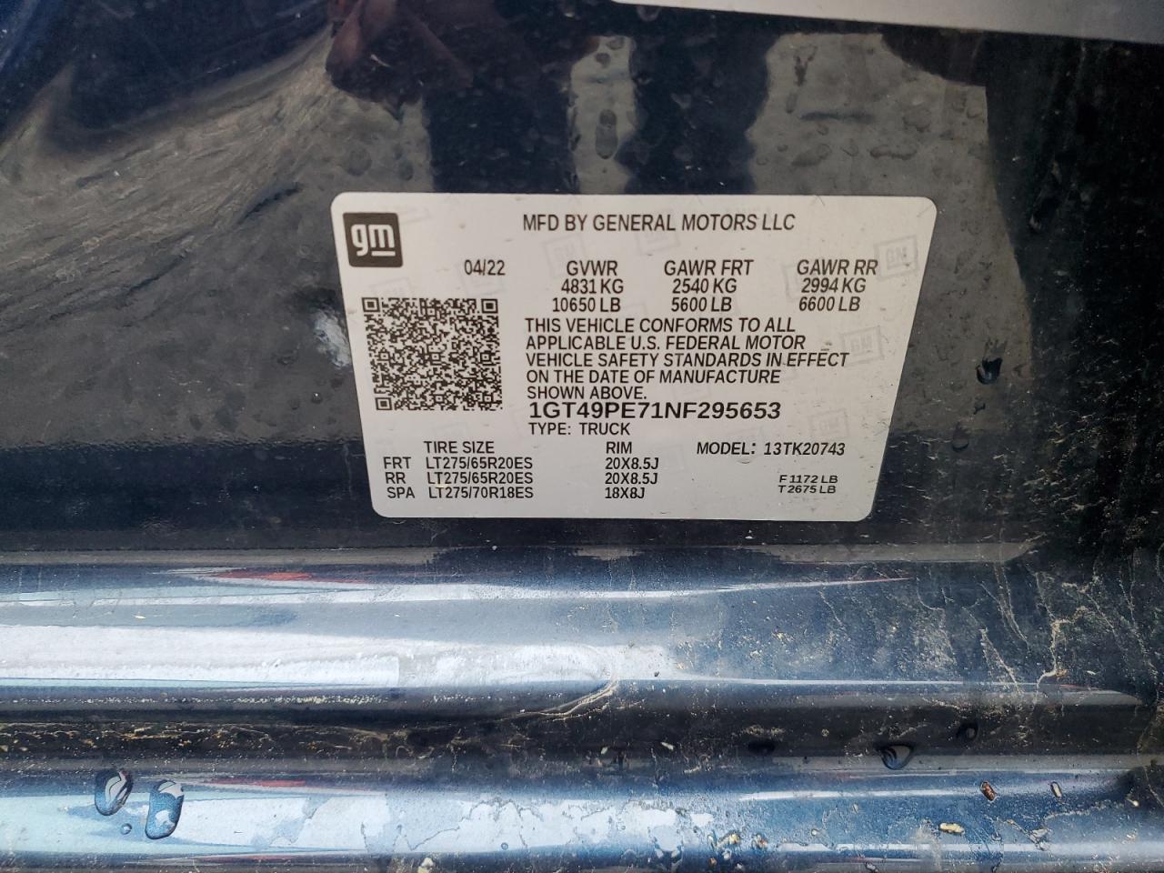 2022 GMC SIERRA K2500 AT4 VIN:1GT49PE71NF295653