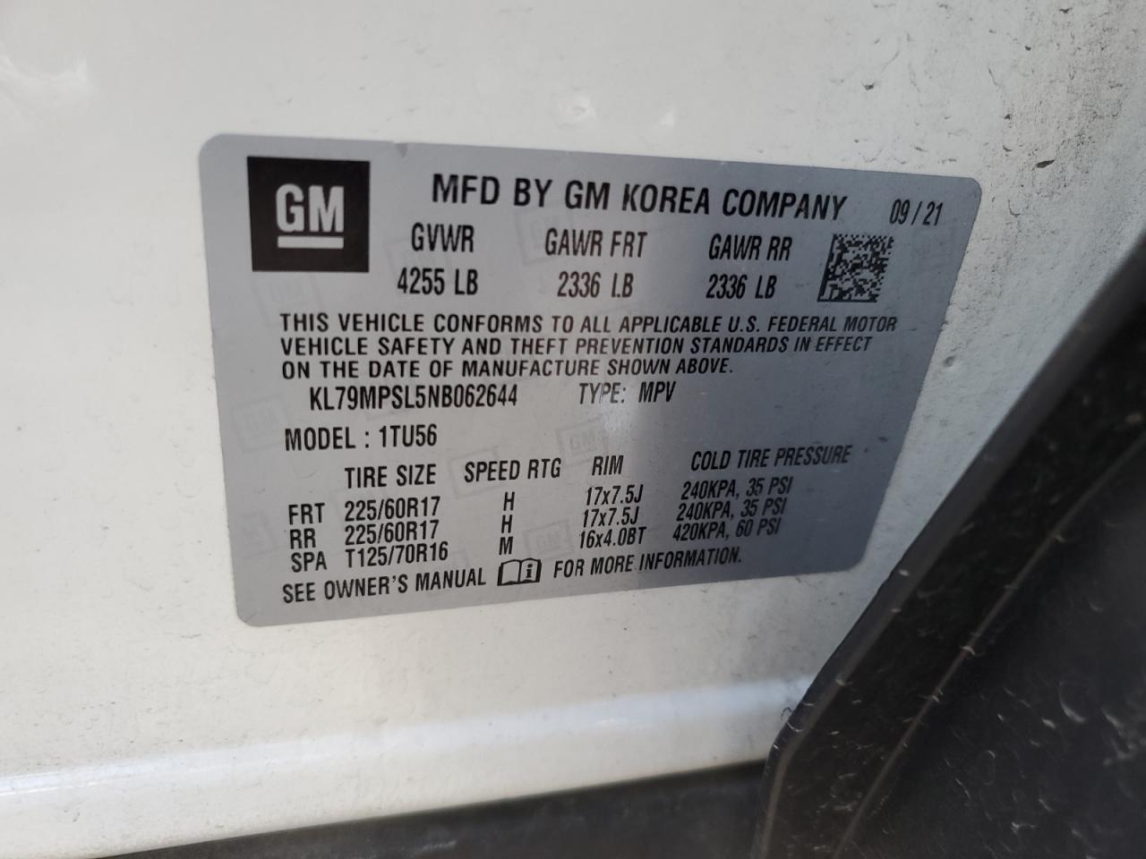 2022 CHEVROLET TRAILBLAZER LT VIN:KL79MPSL5NB062644