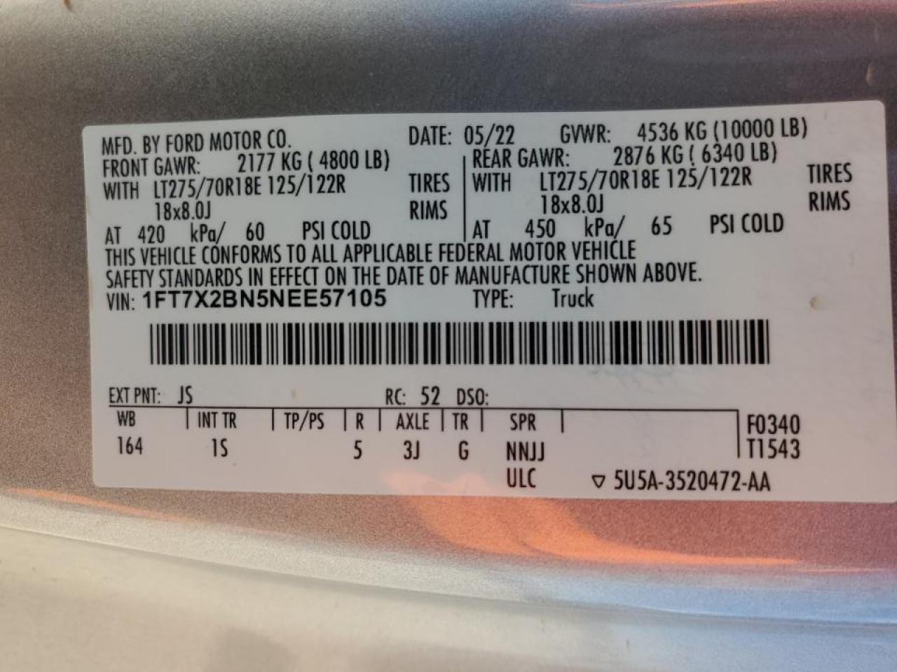 2022 FORD F250 SUPER DUTY VIN:1FT7X2BN5NEE57105