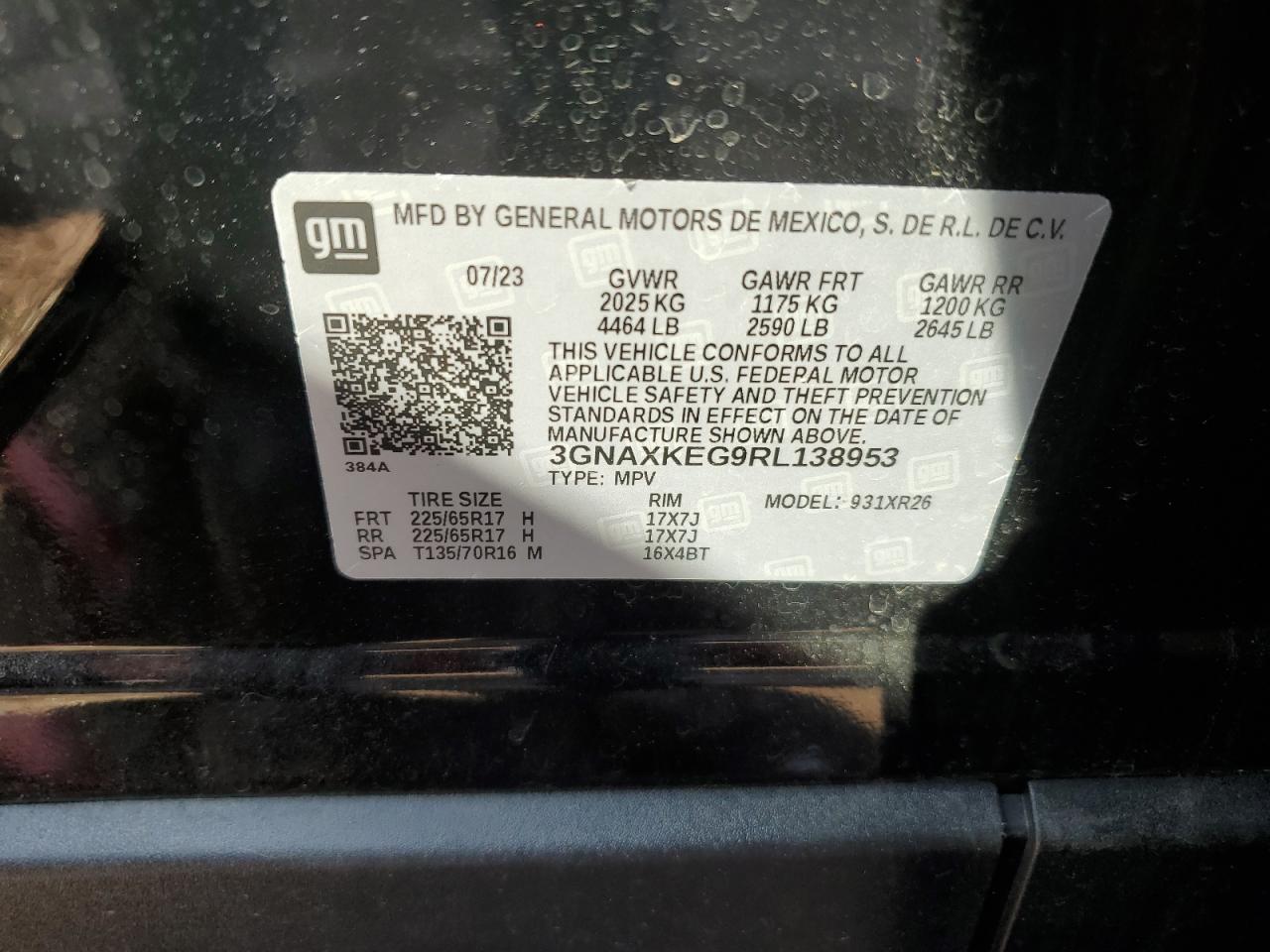 2024 CHEVROLET EQUINOX LT VIN:3GNAXKEG9RL138953