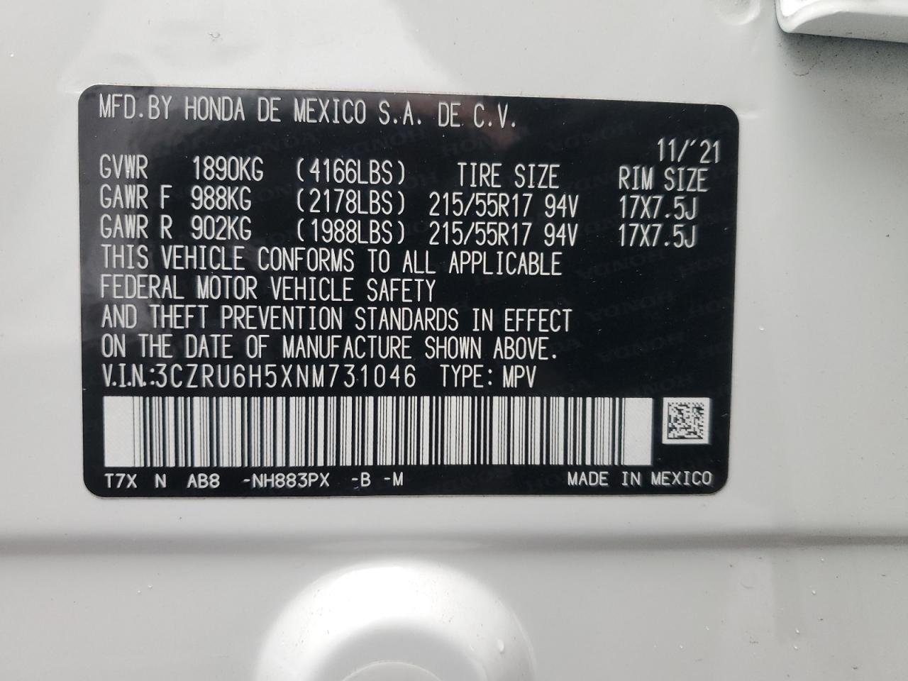 2022 HONDA HR-V EX VIN:3CZRU6H5XNM731046