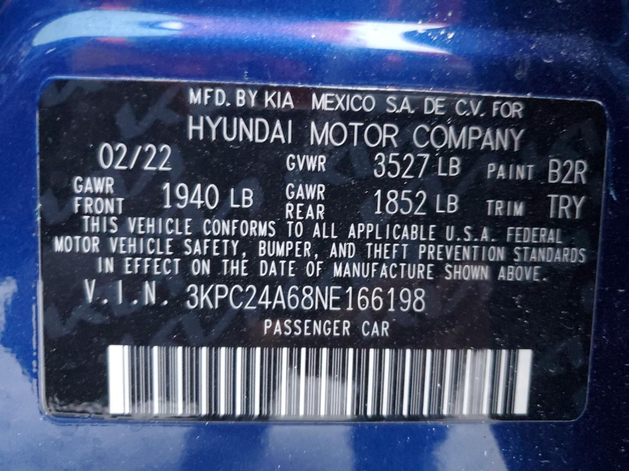 2022 HYUNDAI ACCENT SE VIN:3KPC24A68NE166198