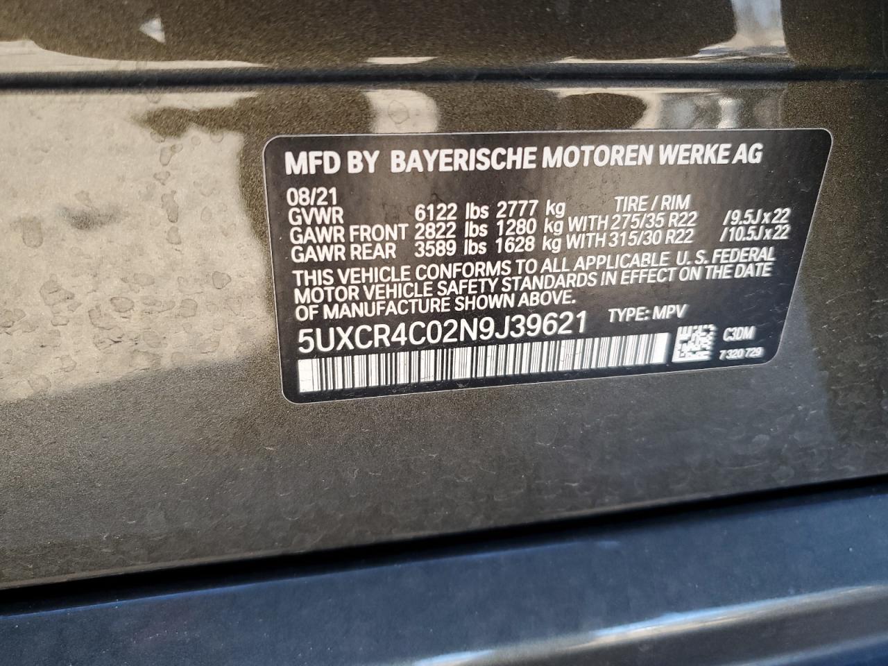 2022 BMW X5 SDRIVE 40I VIN:5UXCR4C02N9J39621
