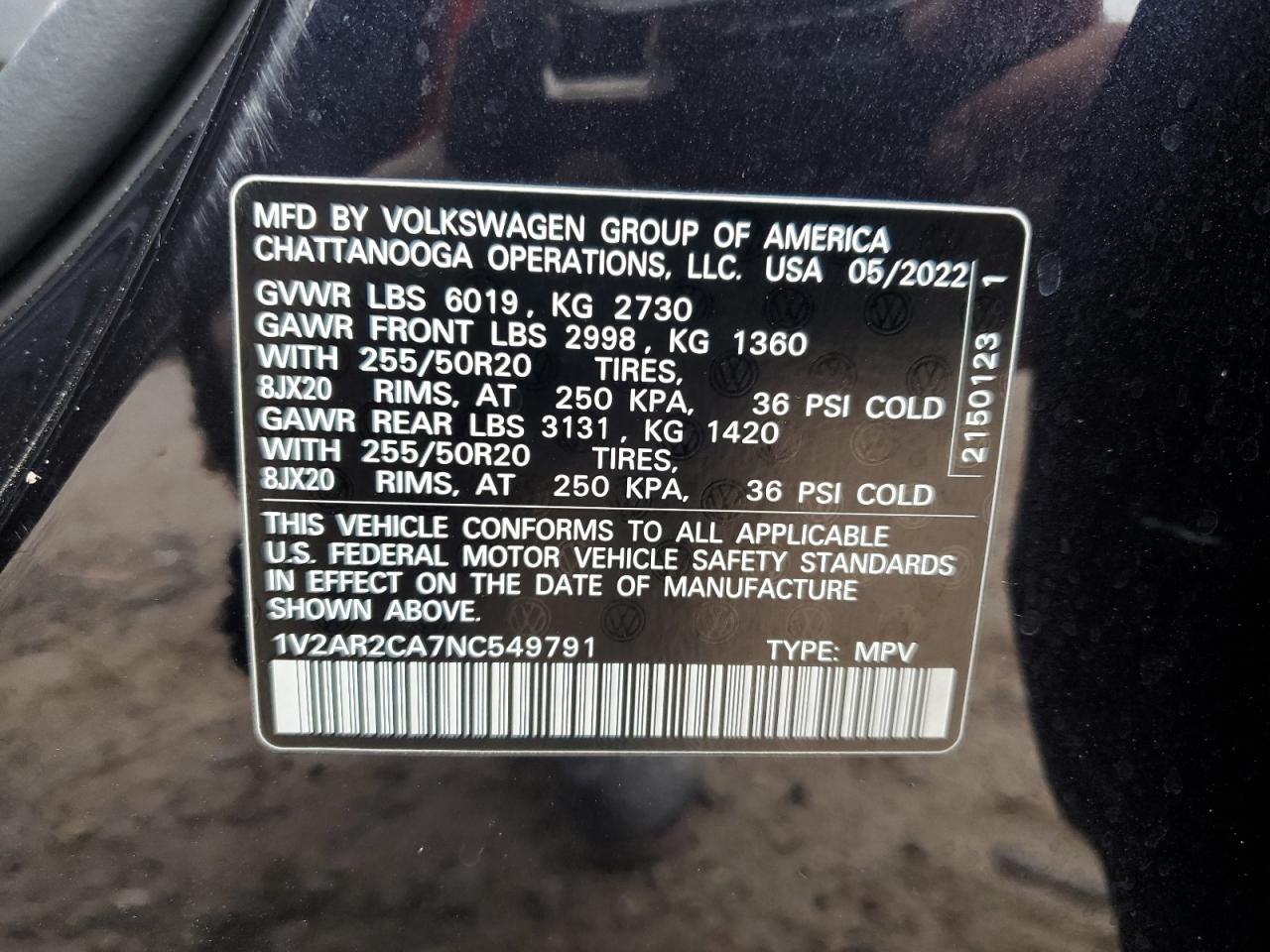 2022 VOLKSWAGEN ATLAS SEL R-LINE VIN:1V2AR2CA7NC549791