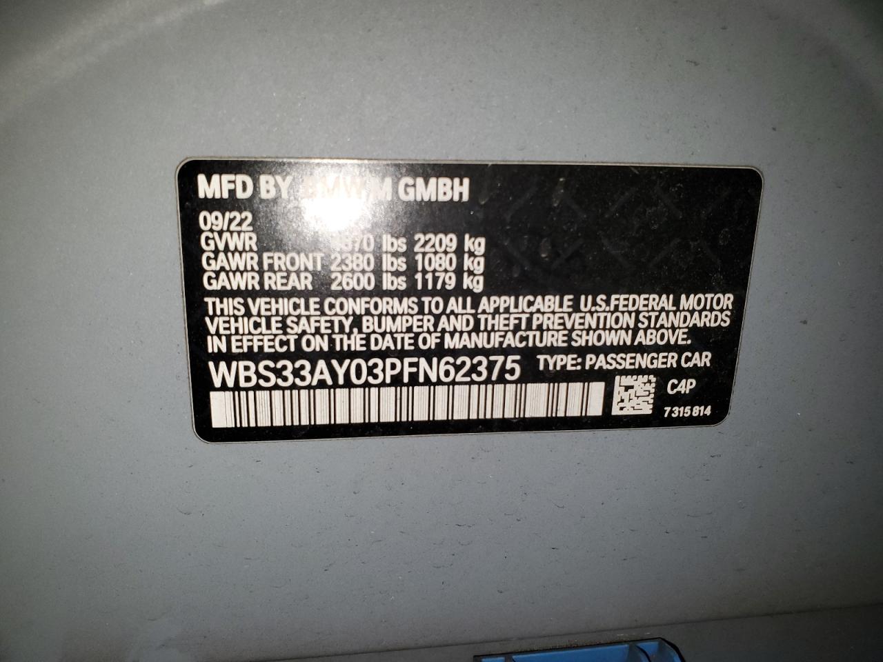 2023 BMW M3 COMPETITION VIN:WBS33AY03PFN62375