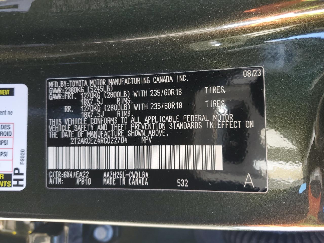 2024 LEXUS NX 350H BASE VIN:2T2AKCEZ4RC022704