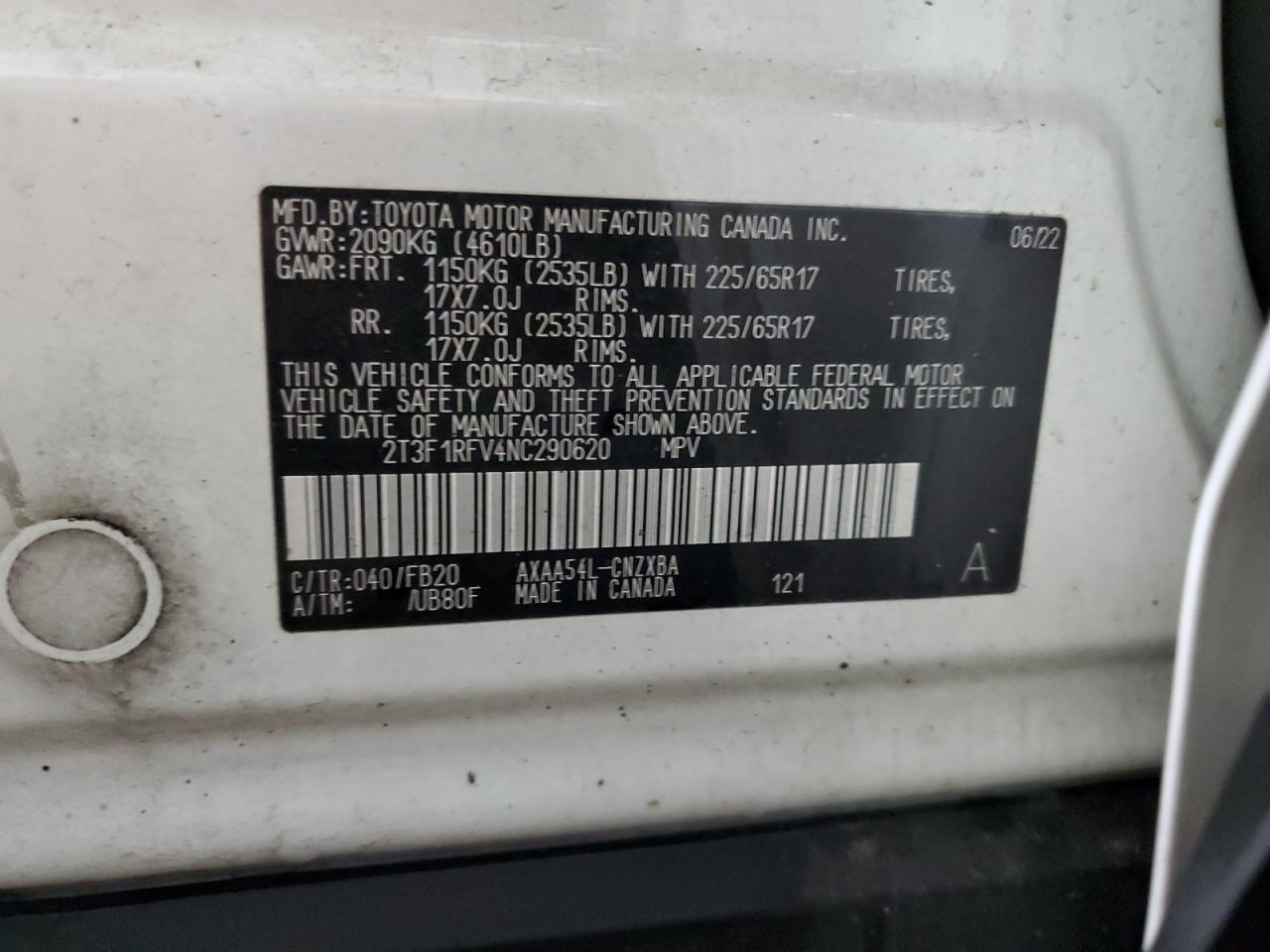 2022 TOYOTA RAV4 LE VIN:2T3F1RFV4NC290620