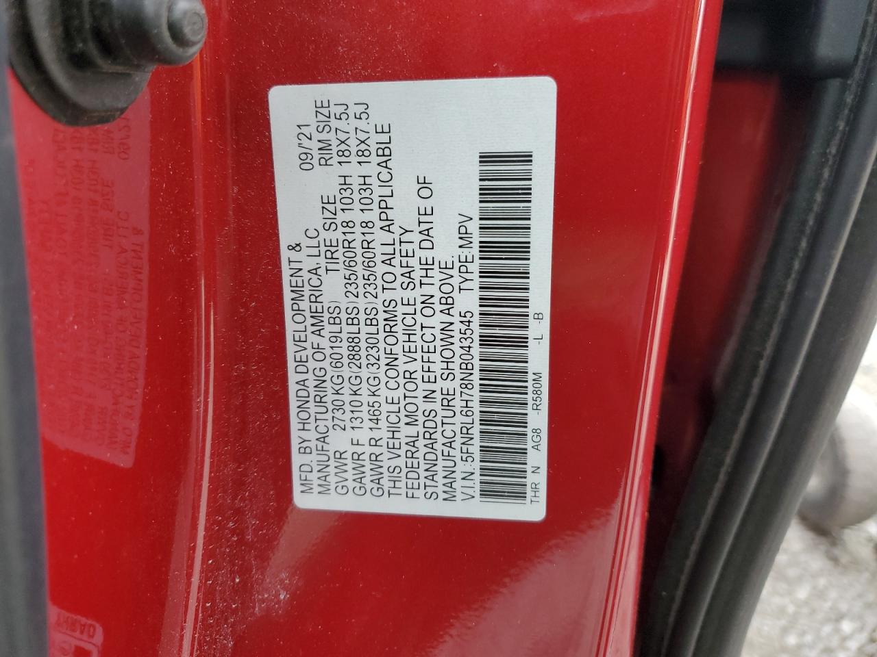 2022 HONDA ODYSSEY EXL VIN:5FNRL6H78NB043545