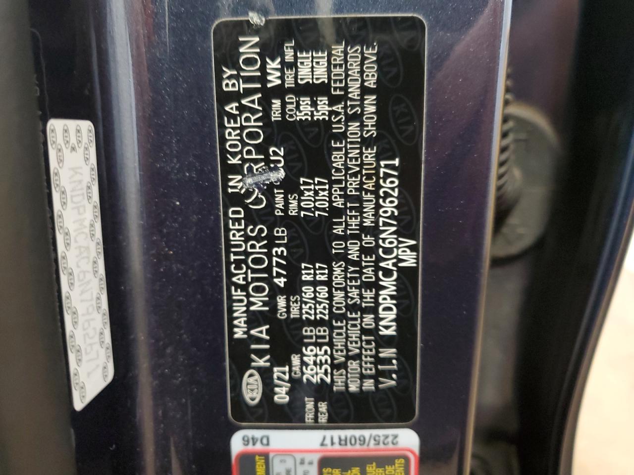 2022 KIA SPORTAGE LX VIN:KNDPMCAC6N7962671