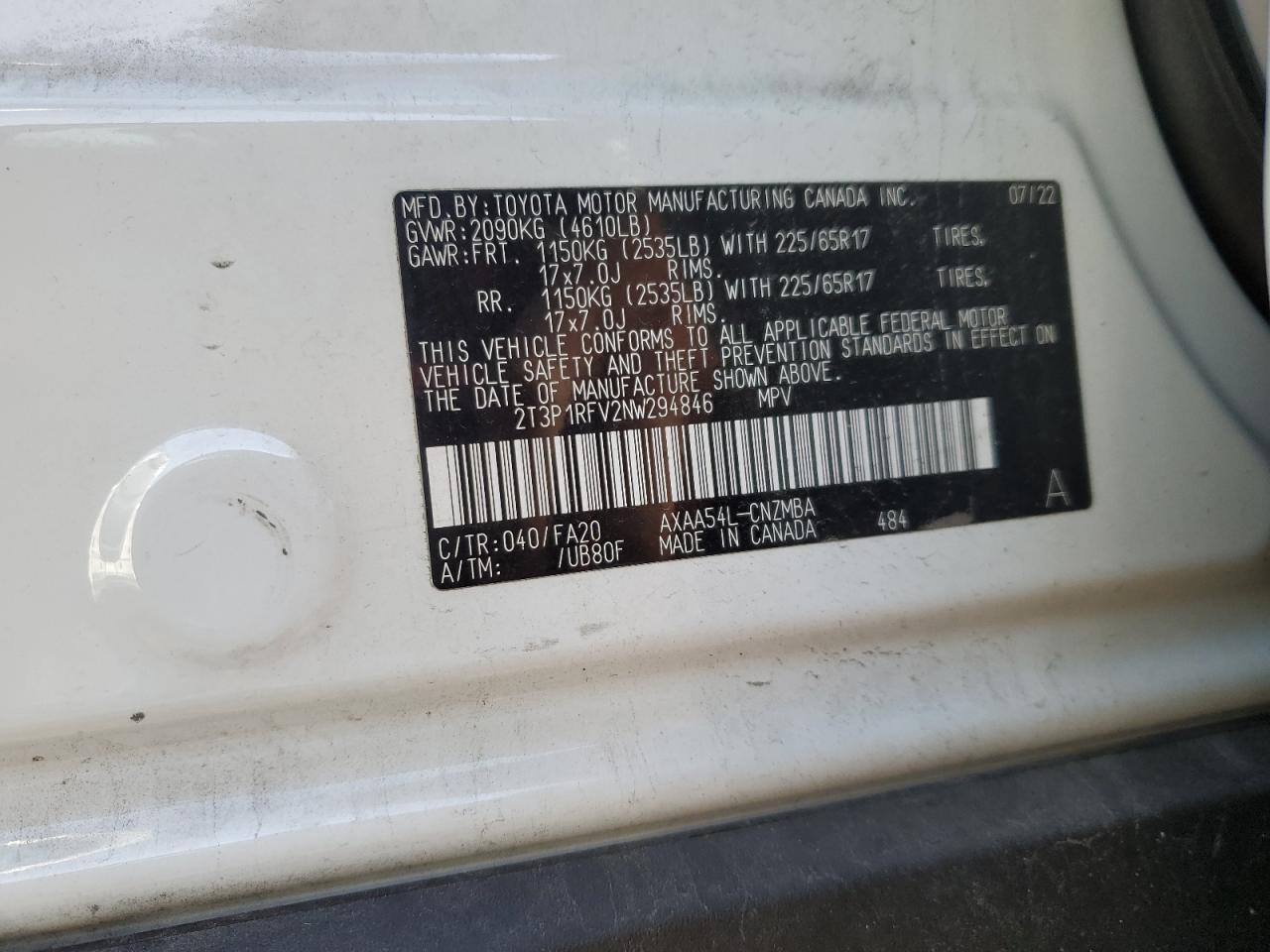 2022 TOYOTA RAV4 XLE VIN:2T3P1RFV2NW294846