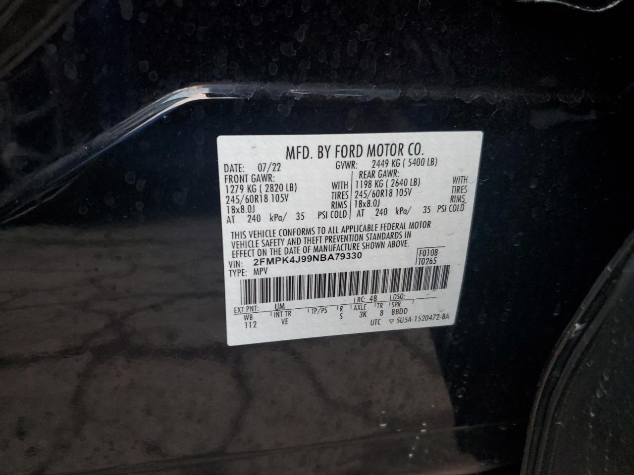 2022 FORD EDGE SEL VIN:2FMPK4J99NBA79330