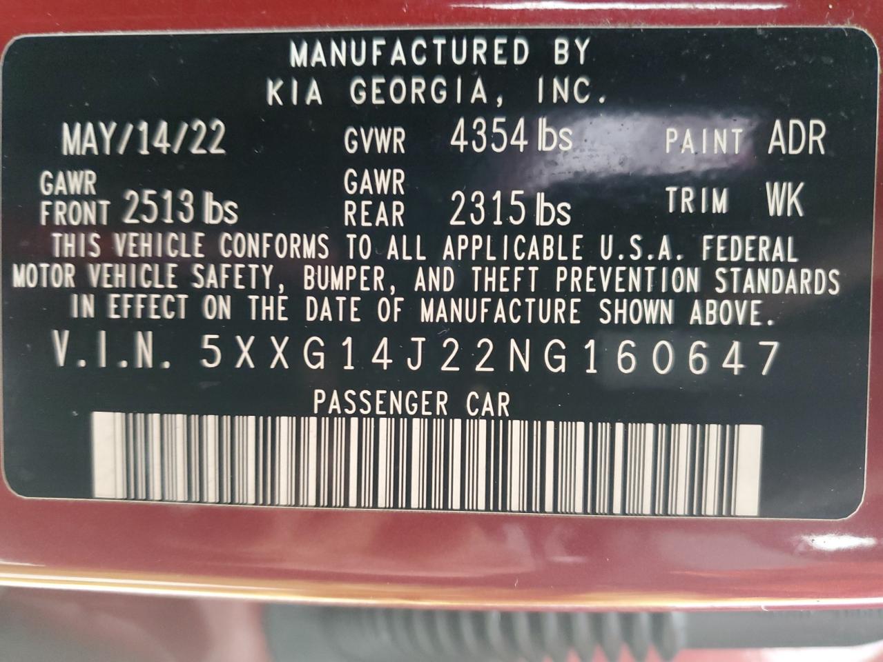 2022 KIA K5 LXS VIN:5XXG14J22NG160647