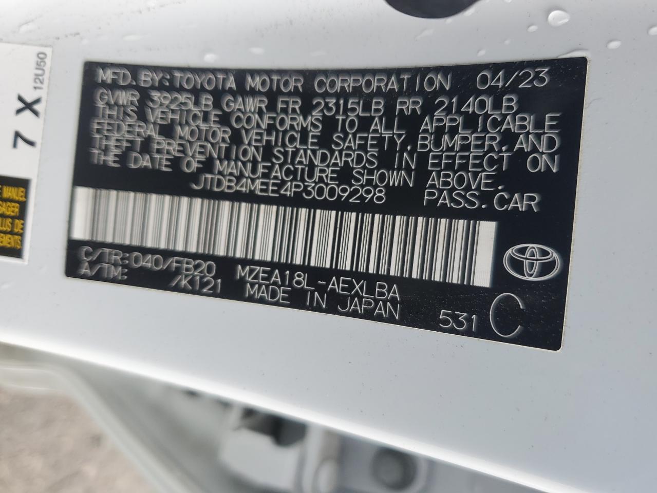 2023 TOYOTA COROLLA LE VIN:JTDB4MEE4P3009298