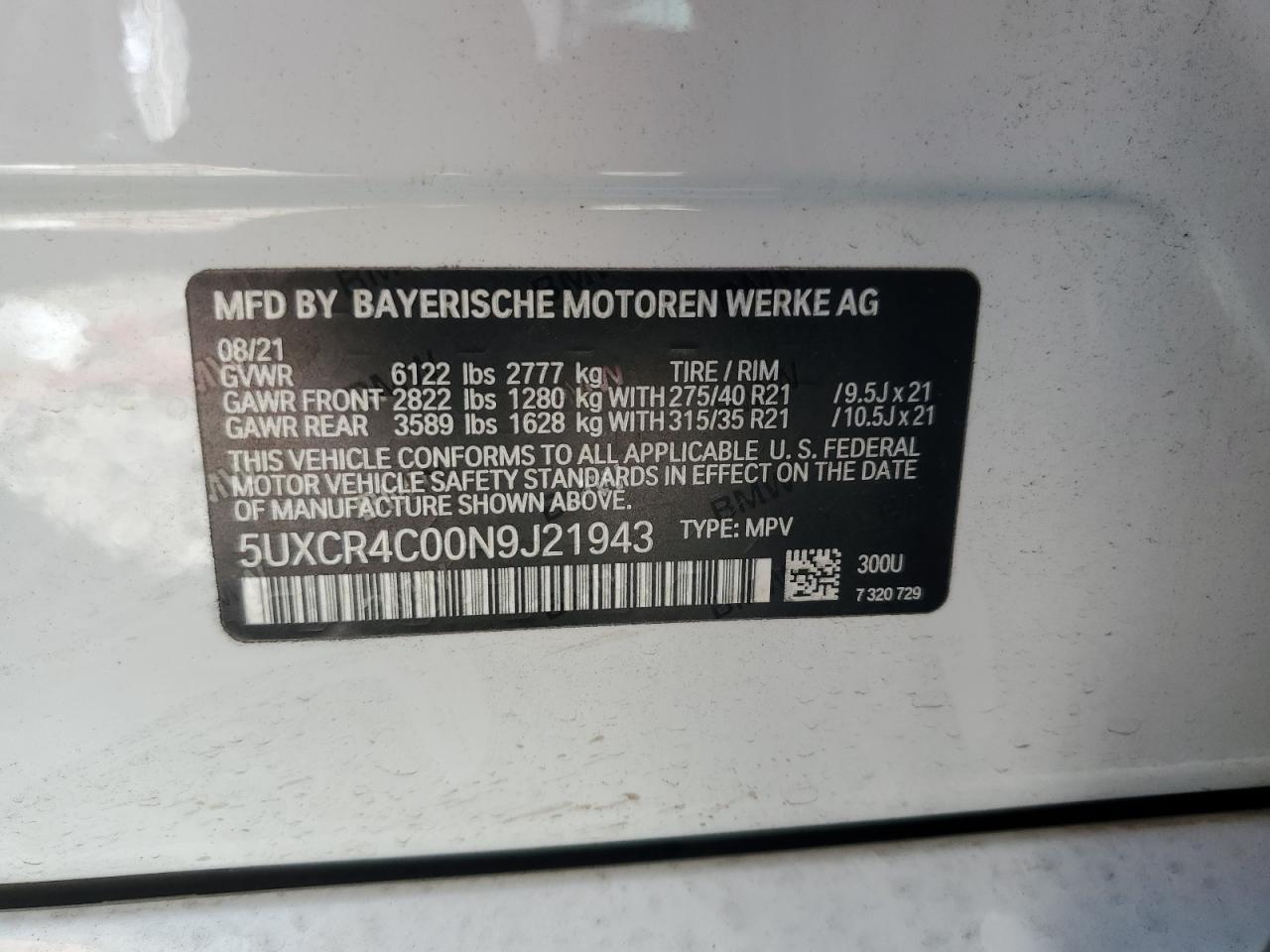 2022 BMW X5 SDRIVE 40I VIN:5UXCR4C00N9J21943