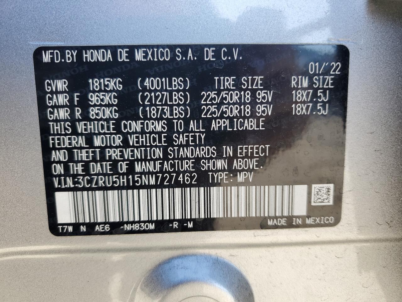 2022 HONDA HR-V SPORT VIN:3CZRU5H15NM727462