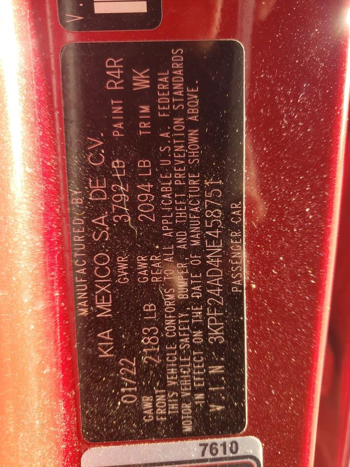 2022 KIA FORTE FE VIN:3KPF24AD4NE458751