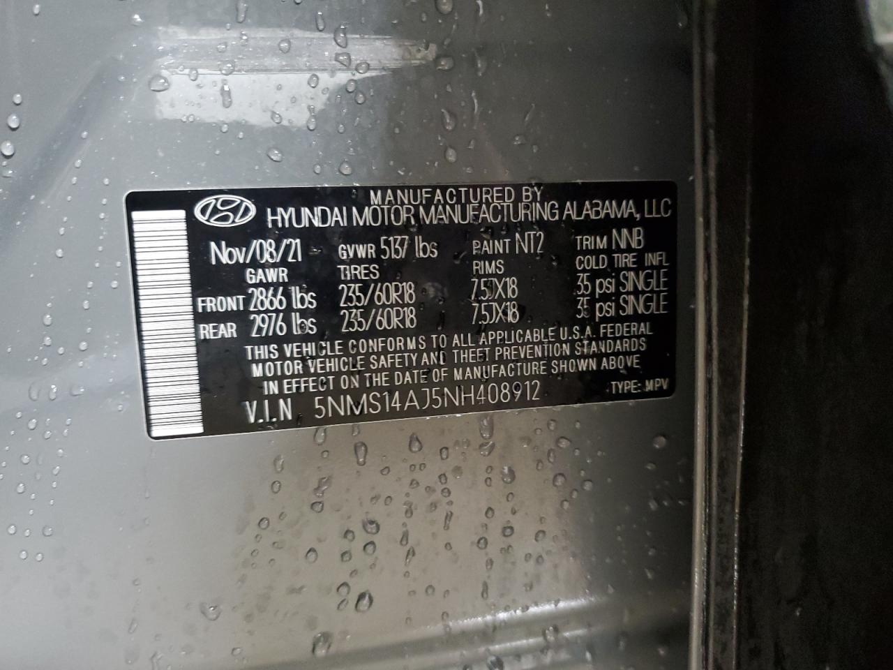 2022 HYUNDAI SANTA FE SE VIN:5NMS14AJ5NH408912