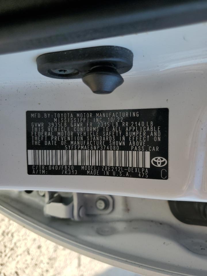 2022 TOYOTA COROLLA LE VIN:5YFEPMAE6NP374080