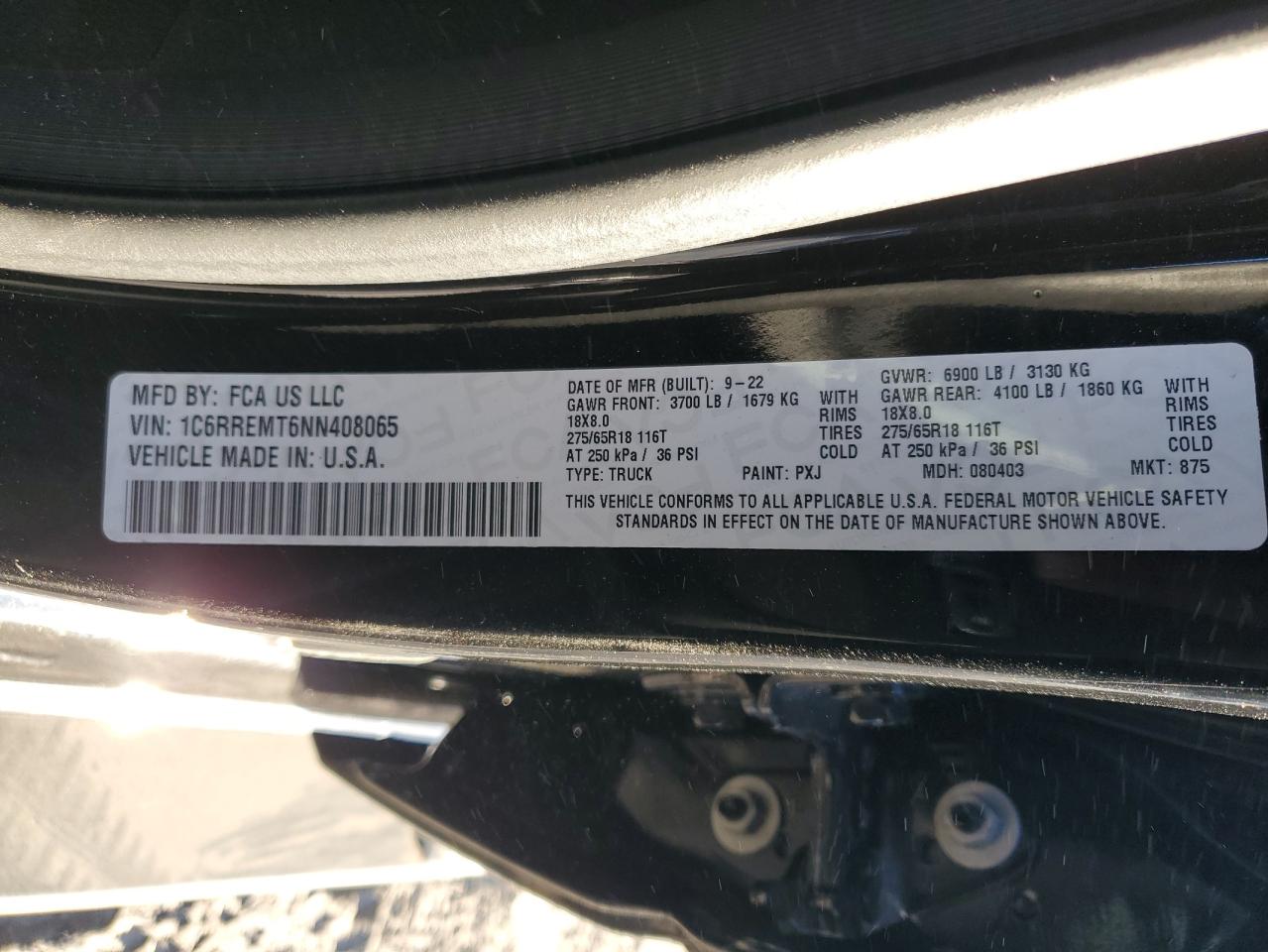 2022 RAM 1500 BIG HORN/LONE STAR VIN:1C6RREMT6NN408065