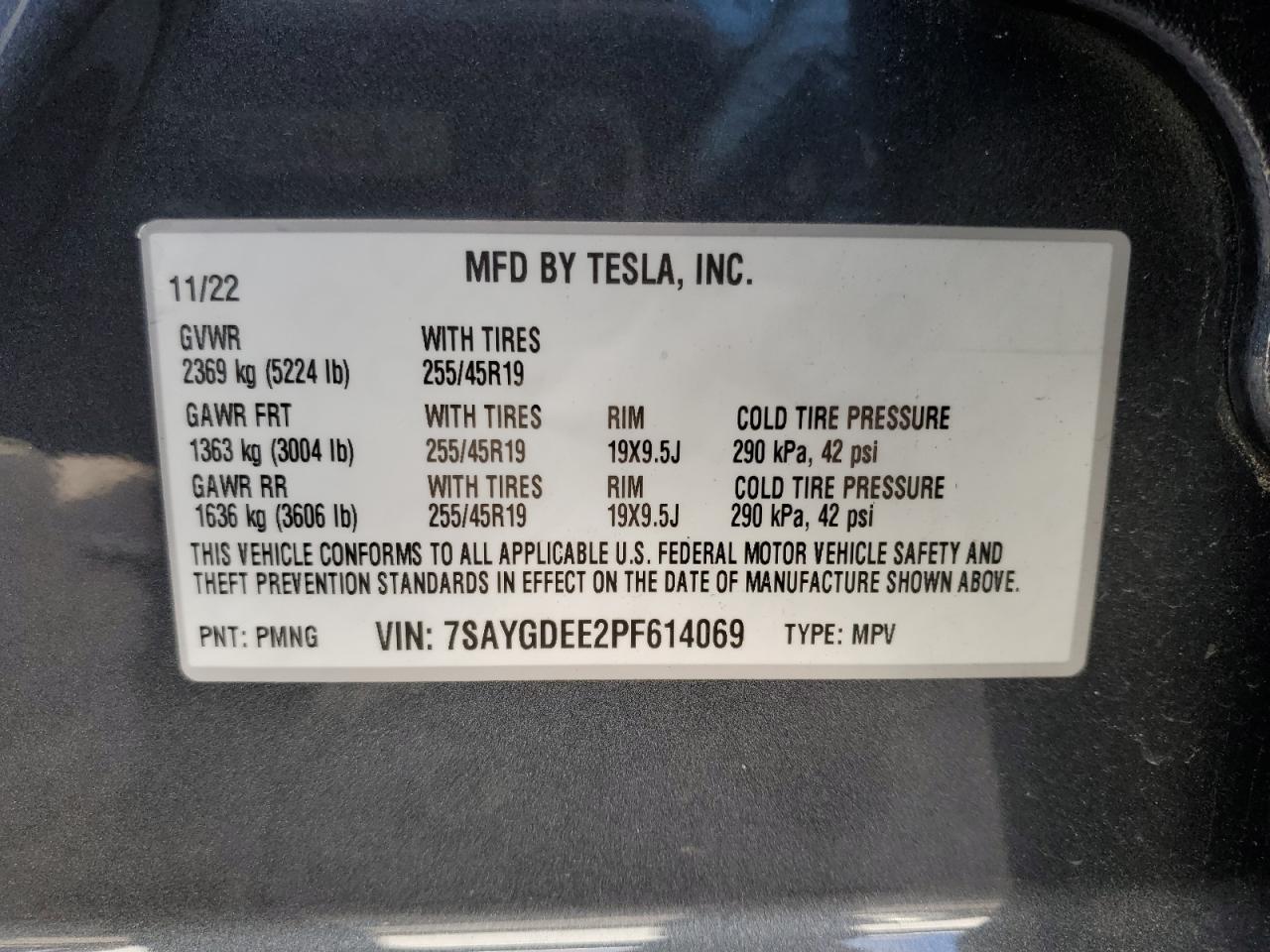 2023 TESLA MODEL Y  VIN:7SAYGDEE2PF614069