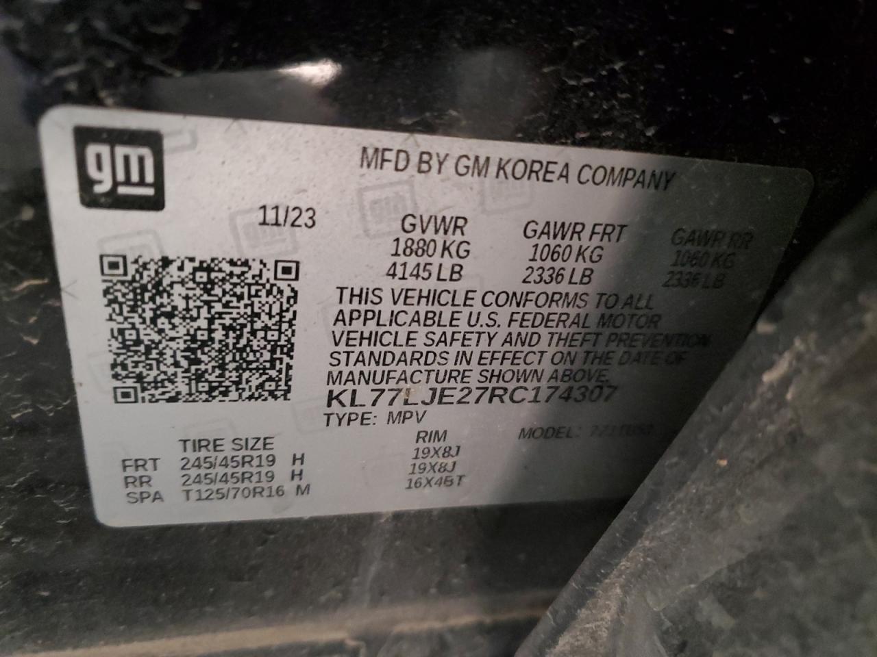 2024 CHEVROLET TRAX 2RS VIN:KL77LJE27RC174307