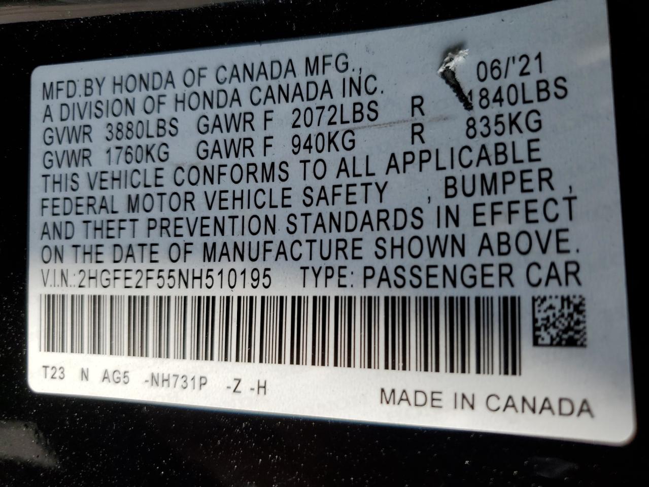 2022 HONDA CIVIC SPORT VIN:2HGFE2F55NH510195