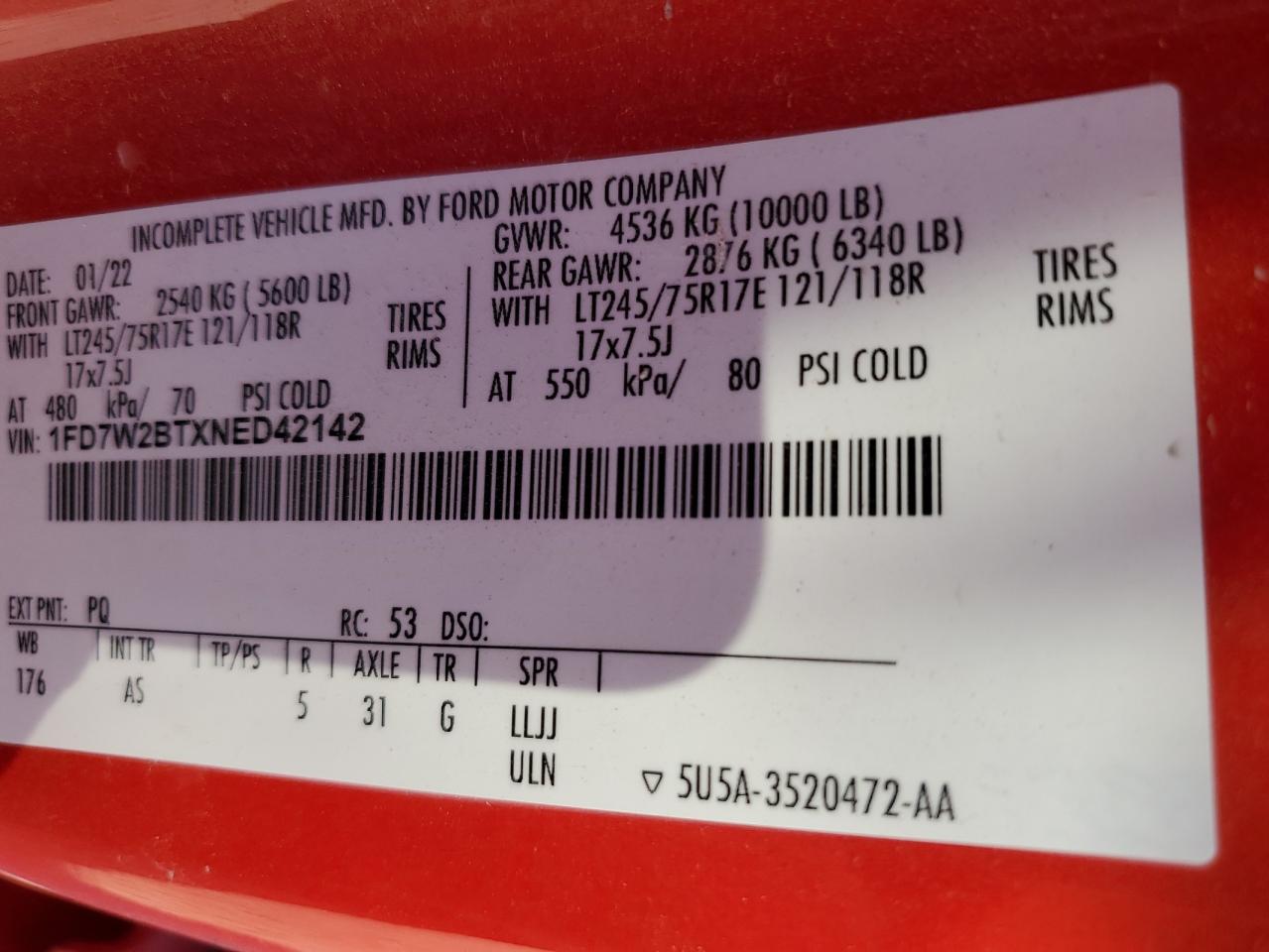 2022 FORD F250 SUPER DUTY VIN:1FD7W2BTXNED42142
