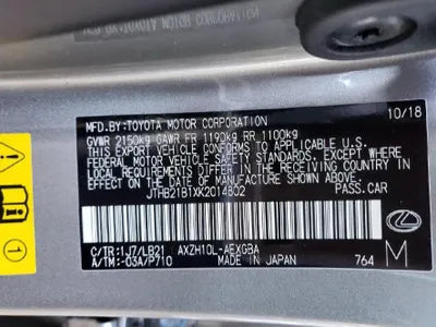 2018 Lexus ES 300 JTHB21B1XK2014802 VIN:JTHB21B1XK2014802