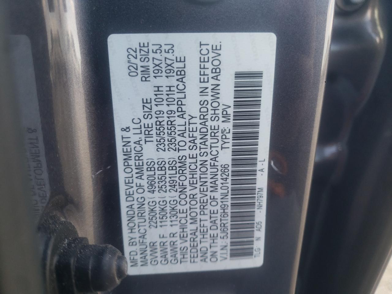 2022 HONDA CR-V TOURING VIN:5J6RT6H91NL014266