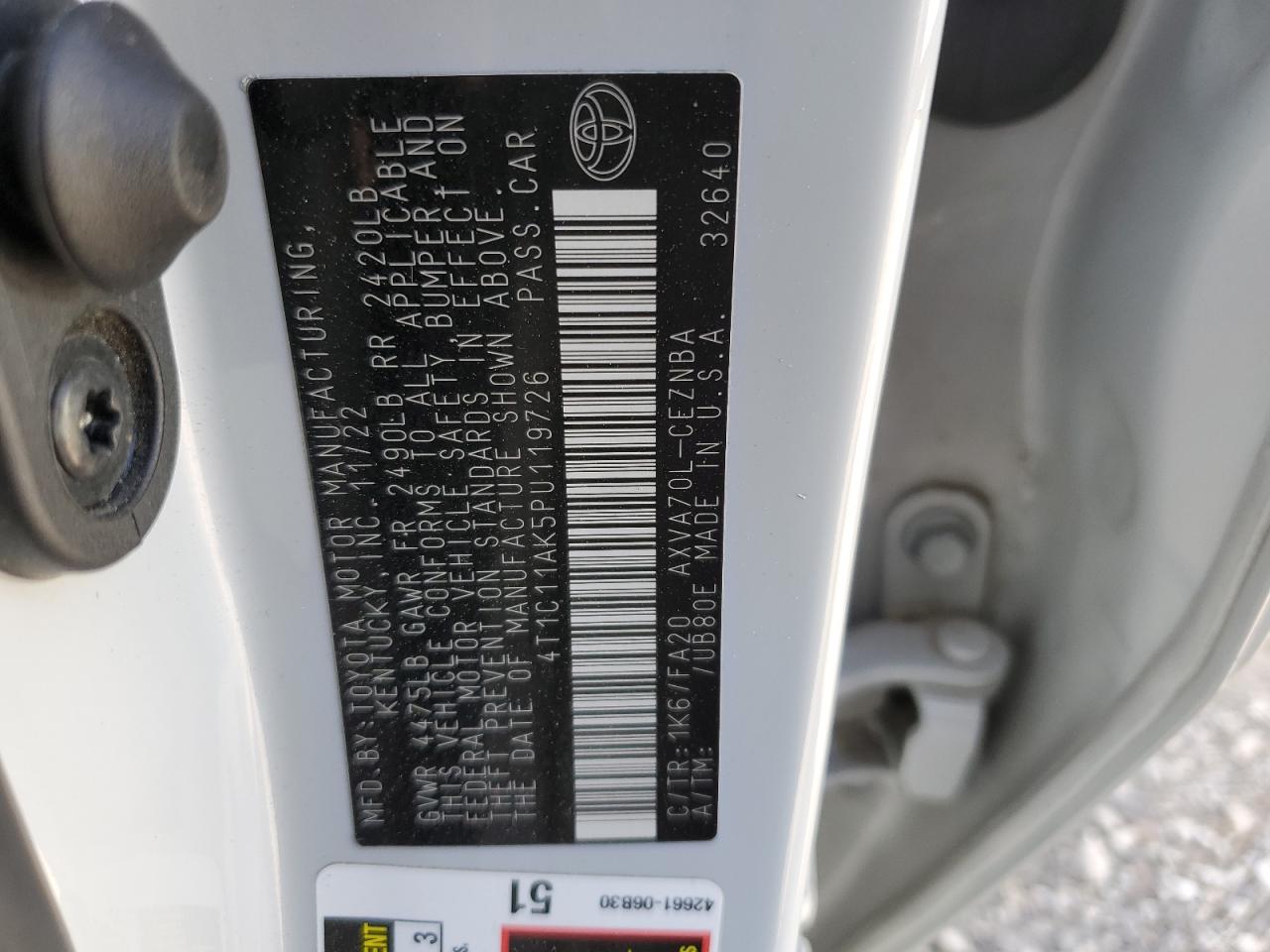 2023 TOYOTA CAMRY LE VIN:4T1C11AK5PU119726