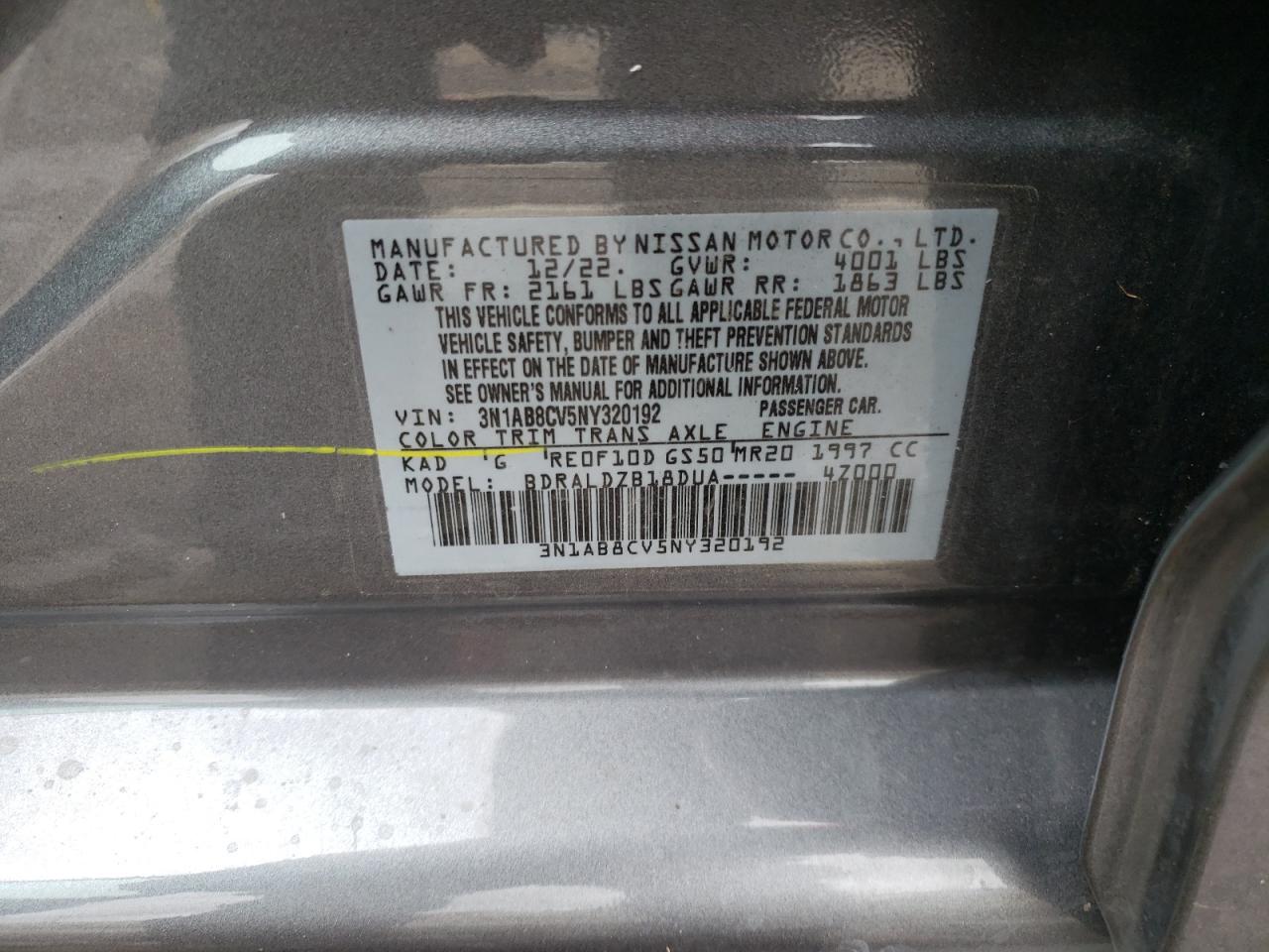 2022 NISSAN SENTRA SV VIN:3N1AB8CV5NY320192