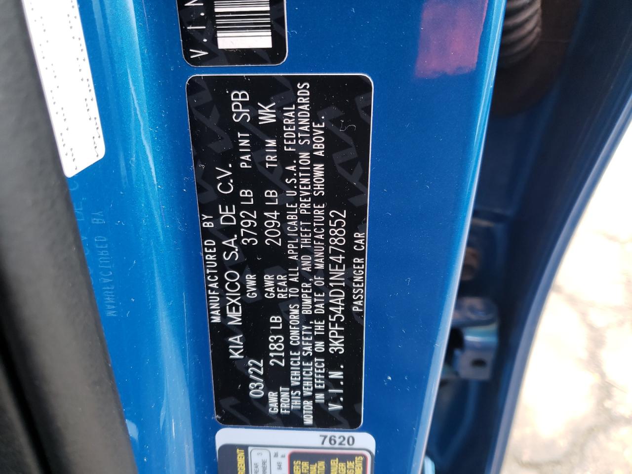 2022 KIA FORTE GT LINE VIN:3KPF54AD1NE478852