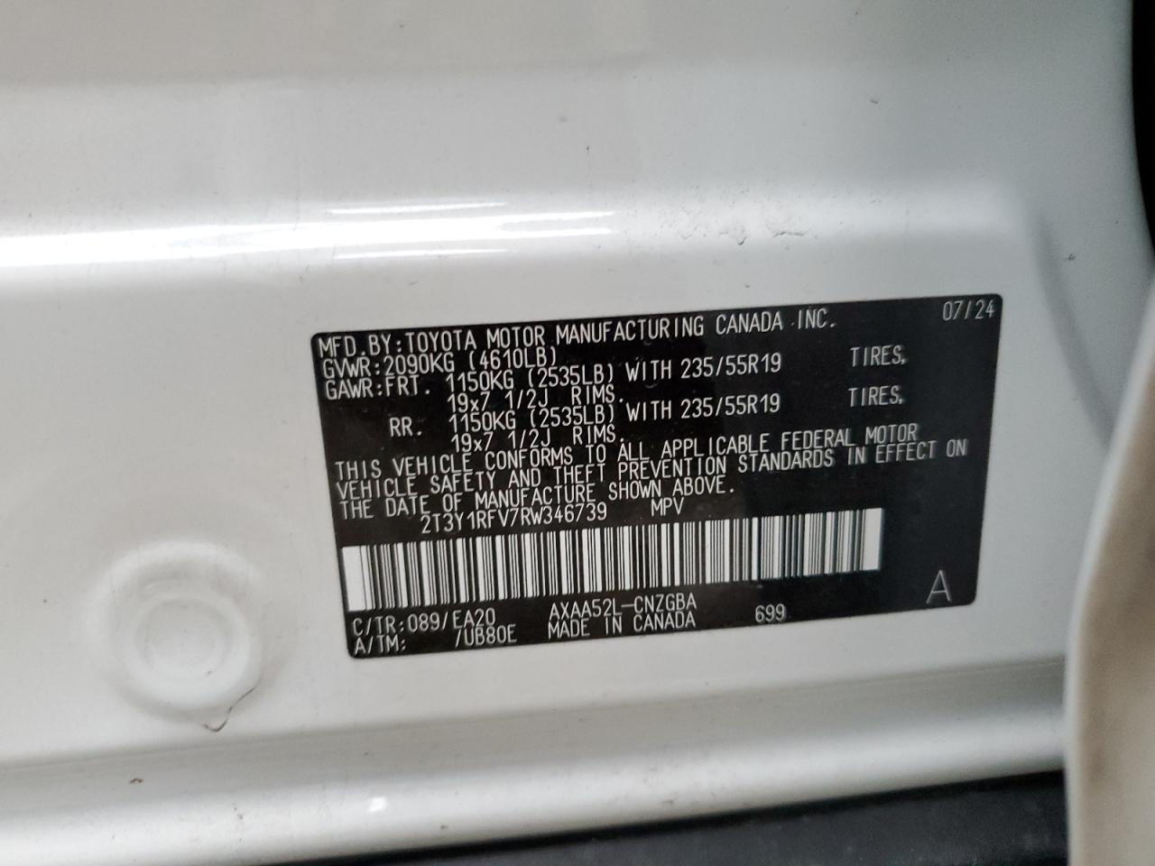 2024 TOYOTA RAV4 LIMITED VIN:2T3Y1RFV7RW346739