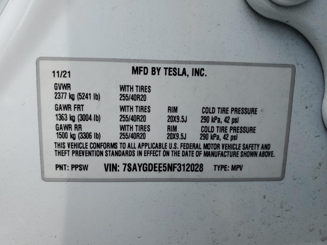 2022 TESLA MODEL Y  VIN:7SAYGDEE5NF312028