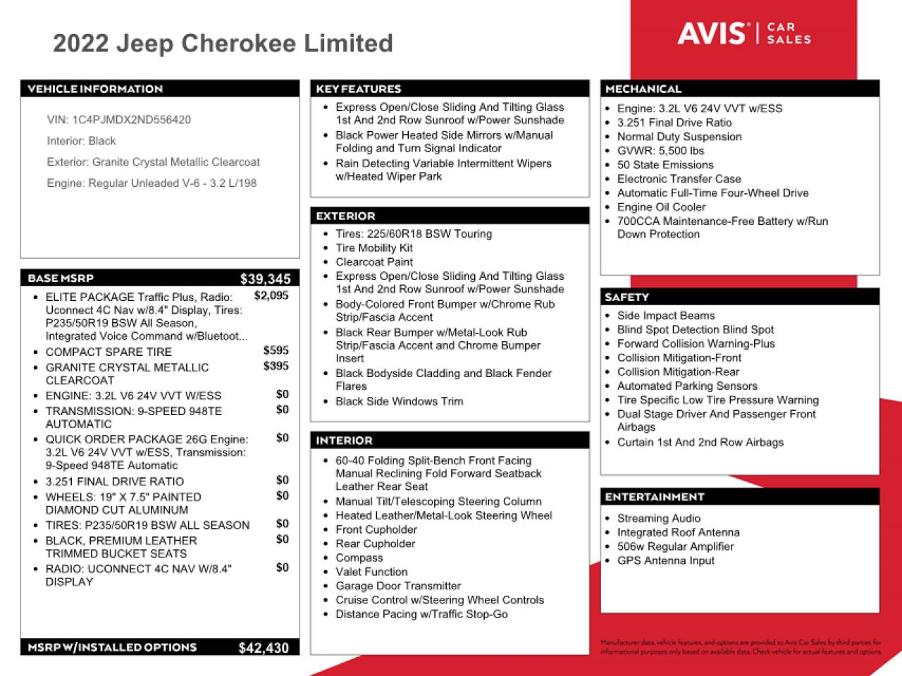 2022 JEEP CHEROKEE LIMITED VIN:1C4PJMDX2ND556420