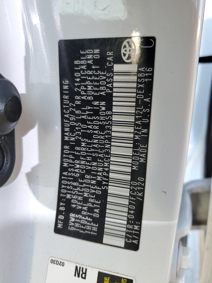 2022 TOYOTA COROLLA SE VIN:5YFP4MCE3NP133558