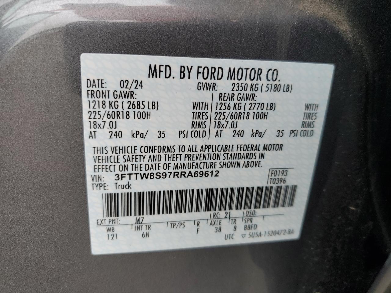 2024 FORD MAVERICK LARIAT VIN:3FTTW8S97RRA69612