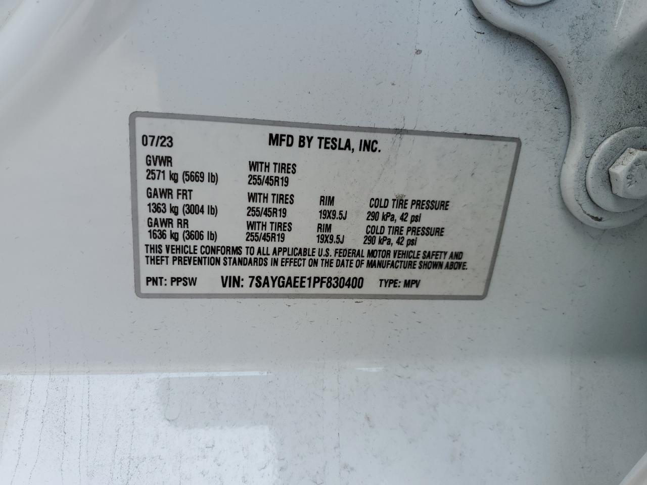 2023 TESLA MODEL Y  VIN:7SAYGAEE1PF830400