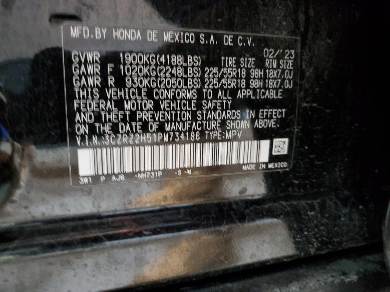 2023 HONDA HR-V SPORT VIN:3CZRZ2H51PM734186