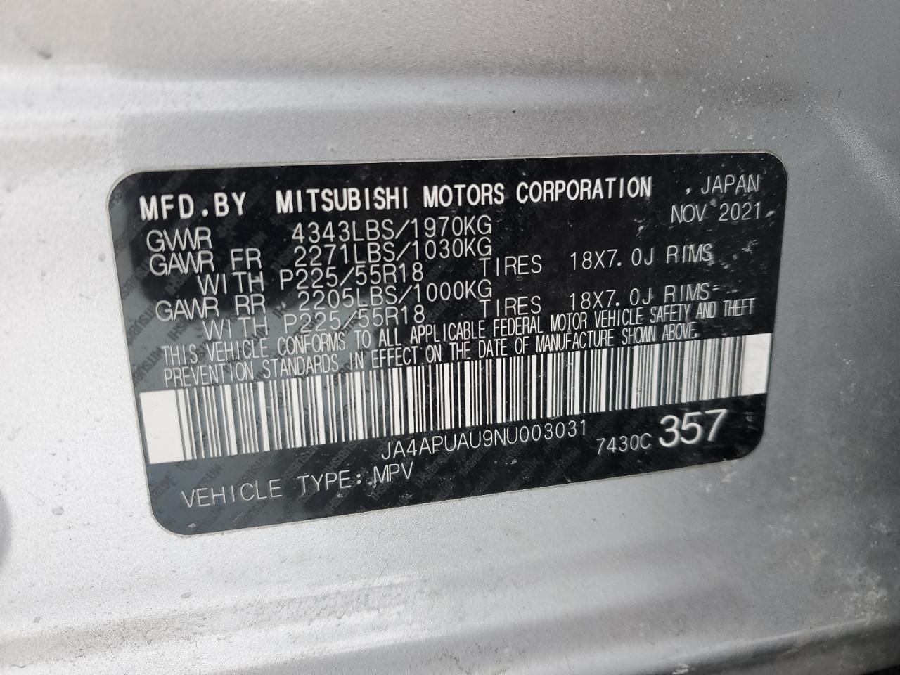 2022 MITSUBISHI OUTLANDER SPORT ES VIN:JA4APUAU9NU003031