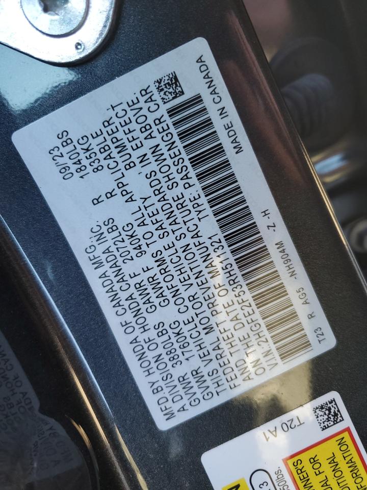 2024 HONDA CIVIC SPORT VIN:JN8AY2BB8M9792203