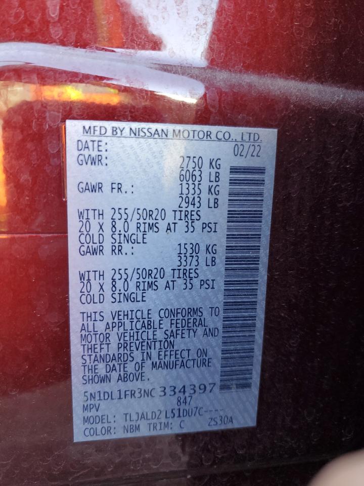 2022 INFINITI QX60 LUXE VIN:5N1DL1FR3NC334397